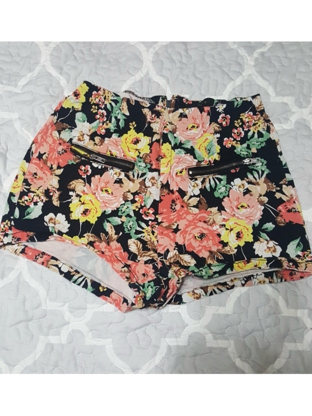 Mine Floral High-Waist Shorts - Black with Coral & Yellow Flowers